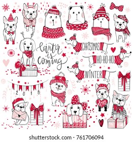 A huge Christmas collection with cute dogs, bears, gifts, snowflakes. Happy New Year 2018. Fashion French Bulldog, Spitz, Teddy bear in winter clothes. Cartoon animals. Xmas 2018 card.