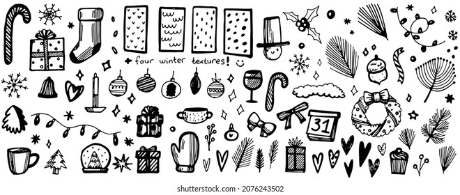 huge Christmas and New Year collection os isolated vector elements: knitted socks and gloves, garlands, tree, hearts, confetti, gifts, branches and twigs, decoration balls, candy canes, snowman, stars