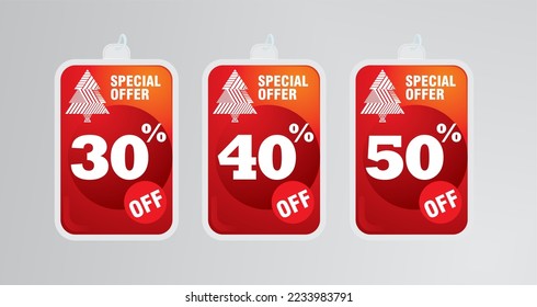Huge Christmas sale vector set of red sale tags hanging with 30% 40% 50% off text. winter sale and new year holiday discount promotion. Vector illustration.

