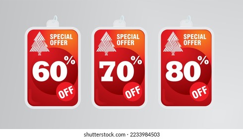 Huge Christmas sale vector set of red sale tags hanging with 60% 70% 80% off text. winter sale and new year holiday discount promotion. Vector illustration.
