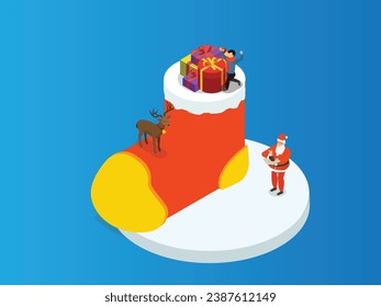Huge christmas sock with santa claus and presents isometric 3d vector illustration concept for banner, website, landing page, flyer, greeting card, etc