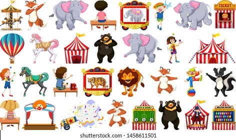 Huge circus collection with mixed animals, people, clowns and rides illustration