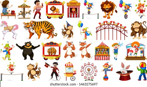 Huge circus collection with mixed animals, people, clowns and rides illustration