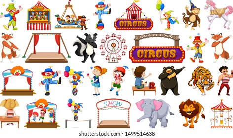 Huge circus collection with mixed animals, people, clowns and rides illustration