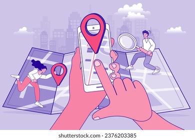 Huge city map, smartphone with location map and micro characters taking part in quest game, Moving concept. Changing address, new location on navigation map. vector illustration.