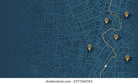 Huge city top view. Tracking path and route. vector. Location EV charging station location mark on gps navigation map a lot with fast supercharger station. Path turns and destination tag or mark.