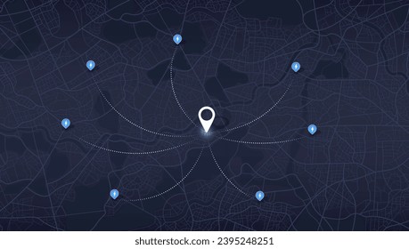 Huge city top view. Tracking path and route. vector. Location EV charging station location mark on gps navigation map a lot with fast supercharger station. Path turns and destination tag or mark.