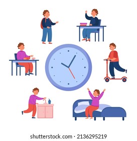 Huge clock with daily schedule of cartoon school boy. Kid eating breakfast, going to school, sleeping time flat vector illustration. Life, daily routine concept for banner or landing web page