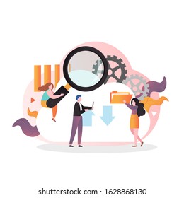 Huge cloud and micro male and female characters with magnifying glass, file folder, laptop computer, vector illustration. Cloud computing technology, the Internet concept for web banner, website page.