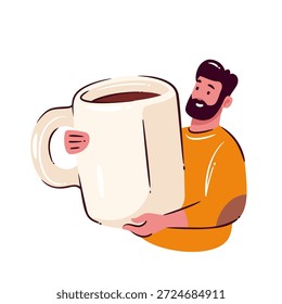 Huge coffee cup held by smiling man in simple cartoon doodle style with warm cozy mood. Vector illustration repeating the oversized coffee cup as big coffee mug accent.