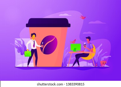 Huge coffee cup and tiny business people drinking take away coffee outside and in office. Take away coffee, on the go drink, take away business concept. Vector isolated concept creative illustration.