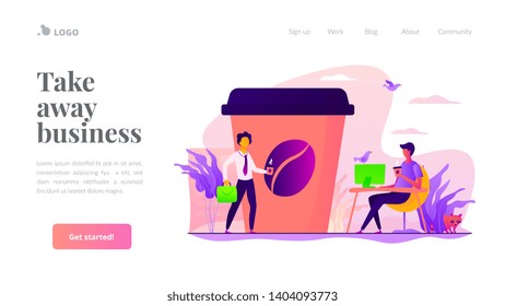 Huge coffee cup and tiny business people drinking take away coffee outside and in office. Take away coffee, on the go drink, take away business concept. Website homepage header landing web page