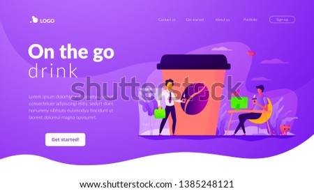 Huge coffee cup and tiny business people drinking take away coffee outside and in office. Take away coffee, on the go drink, take away business concept. Website homepage header landing web page