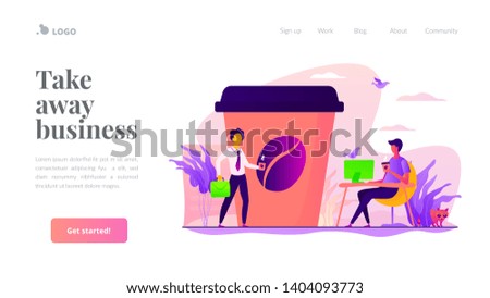 Huge coffee cup and tiny business people drinking take away coffee outside and in office. Take away coffee, on the go drink, take away business concept. Website homepage header landing web page