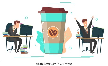 Huge coffee cup and tiny characters office people tired exhausted dreaming about coffee and active after drinking coffee, vector flat illustration. Coffee energy concept for web banner, website page.