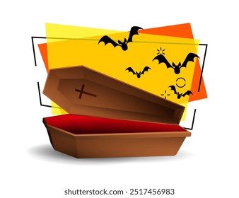 Huge coffin with cross and flying bats nearby. Halloween and fear concept. Banner design on bright abstract background. Vector illustration can be used for invitations, posters, postcards