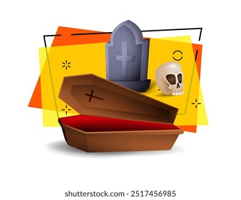 Huge coffin with cross and skull nearby. Halloween and fear concept. Banner design on bright abstract background. Vector illustration can be used for leaflets, posters, flyers