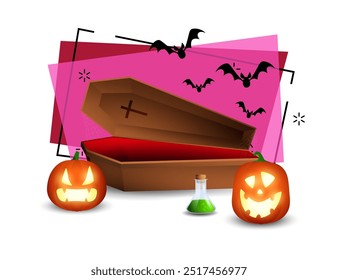 Huge coffin with pumpkin lanterns and flask with poison. Halloween banner design with flying bat on abstract background. Vector illustration can be used for invitations, posters, postcards