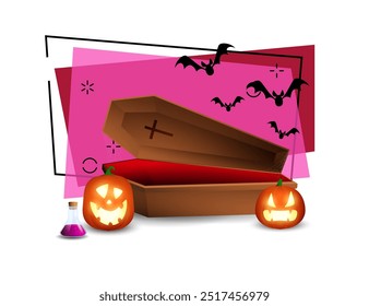 Huge coffin with pumpkin lanterns and flask with poison. Halloween banner design with flying bats on abstract background. Vector illustration can be used for invitations, posters, postcards