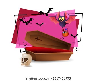 Huge coffin with skull. Halloween banner design with bat carrying sweets. Vector illustration can be used for invitations, posters, postcards