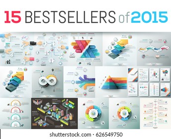 Huge collection of 15 creative infographic business design templates, bestsellers of 2015, elements for graphs, diagrams, schemes. Vector illustration for website, report, presentation, brochure.