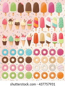 Huge collection of 28 ice creams and 32 donuts, delicious and tasty summer treats, vector illustration
