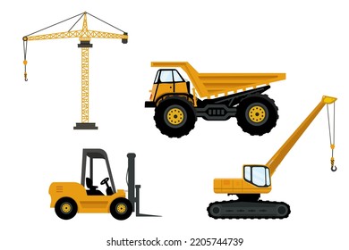 Huge collection of construction equipment. Set of commercial vehicles for construction work. cranes, forklifts, excavator ropes, trucks. Vector illustration.