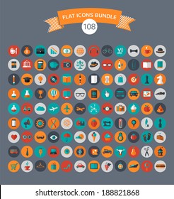 Huge Collection Of Flat Vector Icons With Modern Colors Of Travel, Marketing,  Hipster ,science, Education ,business ,money ,shopping, Objects, Food