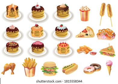 Huge collection of food snacks pancakes burger chicken vector illustration isolated on white background