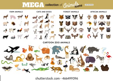 Huge collection of funny cartoon animals, birds, pets, farm, and sea creatures. Vector illustration