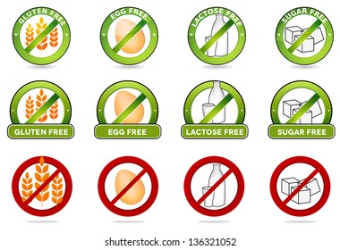 Huge collection gluten free, egg free, lactose free and sugar free signs. Various colorful designs, can be used as stamps, seals, badges, for packaging etc. Isolated on a white background.