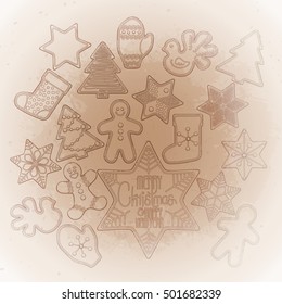 Huge collection of graphic Christmas gingerbread drawn in line art style. Vector design elements isolated on the vintage background in ocher colors.