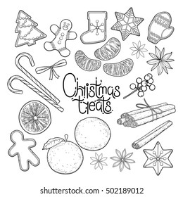 Huge collection of graphic Christmas gingerbread drawn in line art style. Vector design elements isolated on white background. Coloring book page design for adults and kids.