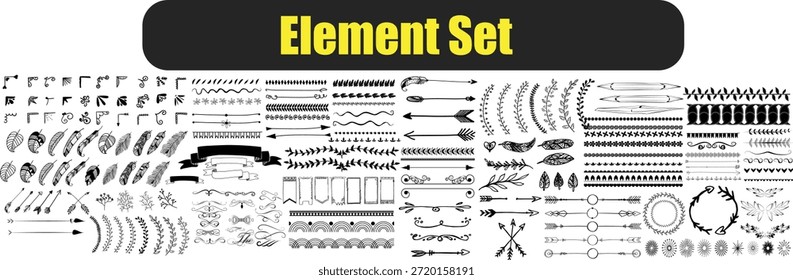 Riesige Sammlung von handgezeichneten schwarz-weißen Doodle-Elemente einschließlich Pfeile Federn Teiler Ecken Banner blüht florale Ornamente und Stammesakzente geeignet für rustikale Bohemian oder Vintage-Design-Anwendungen.