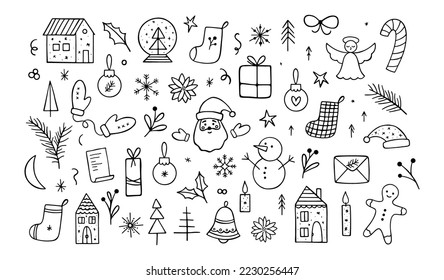 Huge collection of hand drawn vector Christmas festive elements. Outline holiday vector set. Santa Claus, gingerbread man, snowman, candy, Christmas trees, snowflakes, socks, houses, toys, angel