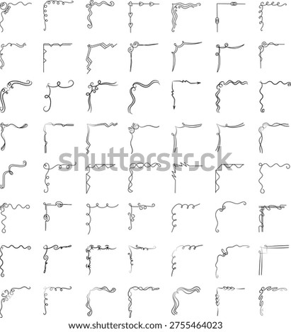 Huge collection of minimalist decorative corner borders. Hand drawn linear flourishes and swirl ornaments for wedding invitations, certificates, and page decoration. Vector line art elements.