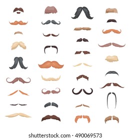 Mustache retro curly de colección enorme, mustache set. Mustache de diferentes colores y forma el pelo bigote. Silueta de barbero mustaches disfraz de bigote de bigote. bigote de caballero vector