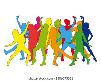 Huge collection of party people dancing. Colorful silhouette of dancers.