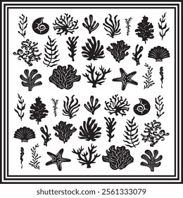 A huge collection of sea coral reefs, star fish, sea shell. ocean animal silhouette illustration.