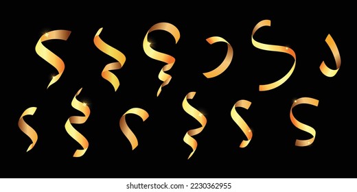 Huge collection of shiny twisted gold ribbon element design 3d vector. Realistic render Carnival party serpentine decoration wedding, festive, birthday, banner, greeting card, invitation, New Year