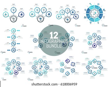 Huge collection of simple infographic layouts. Circular diagrams and charts with several elements, pictograms and text boxes.