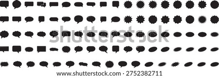 Huge collection of speech bubbles and comic shout frames in black silhouette flat style including cloud thought bubbles starburst explosion shapes and message chat boxes for graphic design projects
