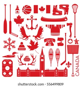 A huge collection of stereotypical Canadian icons in vector format. This unique pack of symbols contains hockey sticks, axes, antlers, maple leaves anchors and other items that represent Canada.