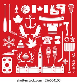 A huge collection of stereotypical Canadian icons in vector format. This unique pack of symbols contains hockey sticks, axes, antlers, maple leaves anchors and other items that represent Canada.