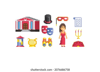 Huge collection of theater pixel icons. Element design for logo, stickers, web, embroidery and mobile app. Isolated vector illustration. 8-bit .