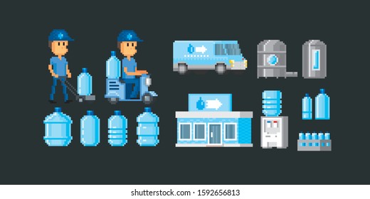 Huge collection of water delivery service icons. Pixel art icons set.  Design for stickers, logo, embroidery and mobile app. Video game assets 8-bit. Pixel art.