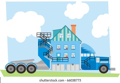Huge colorful truck with a residential house cab vector illustration
