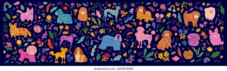 Huge colourful cartoon vector collection with cute dogs, flowers, leaves and abstract forms. Children's set of different dog breeds and decorative elements.
