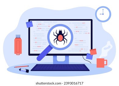 Huge computer monitor with magnifying glass and bug. Flat vector illustration. Developing, testing, software debugging and error resolution concept