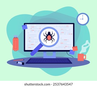 Enorme monitor de computador com lupa e bug. Ilustração de vetor plano. Desenvolvimento, teste, depuração de software e conceito de resolução de erros